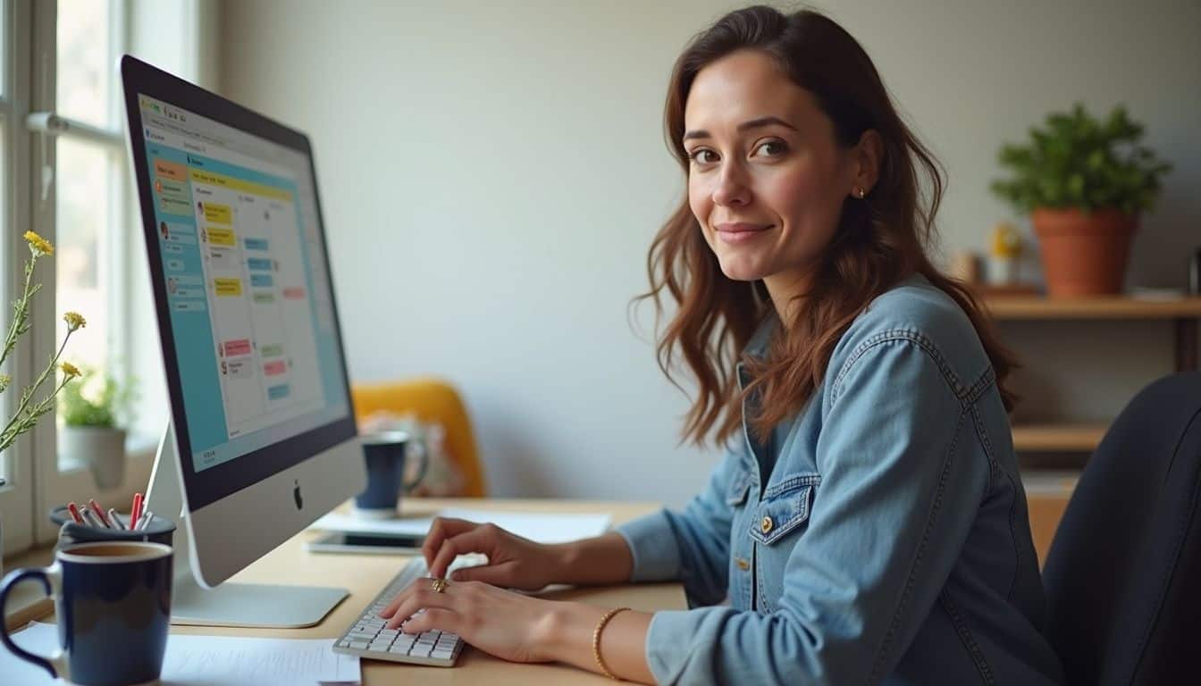 Woman using Trello on a laptop to plan her blog schedule.