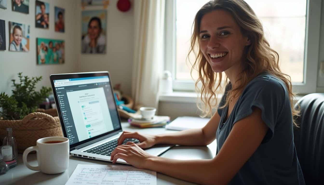 Woman at a desk with family photos and notes for toddler activities.