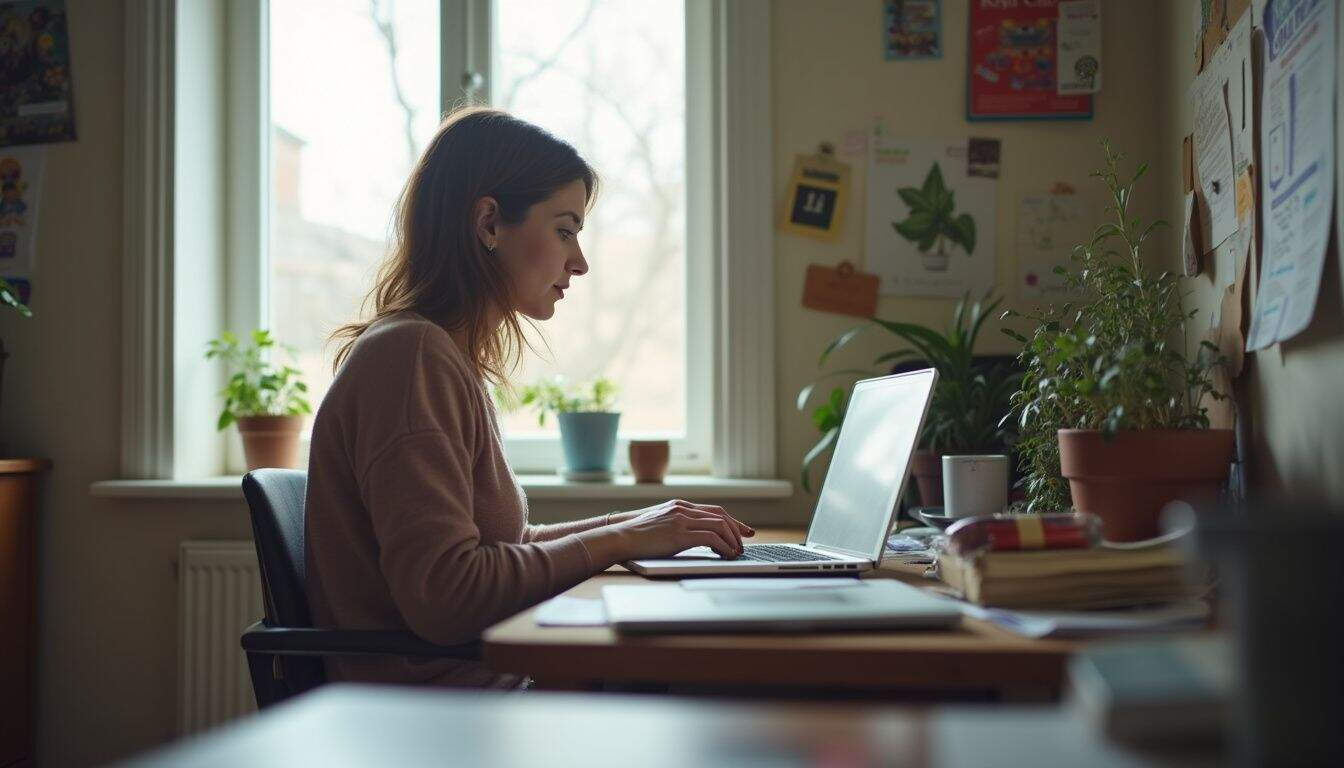Focused woman working at a neat home desk with plants and notes.