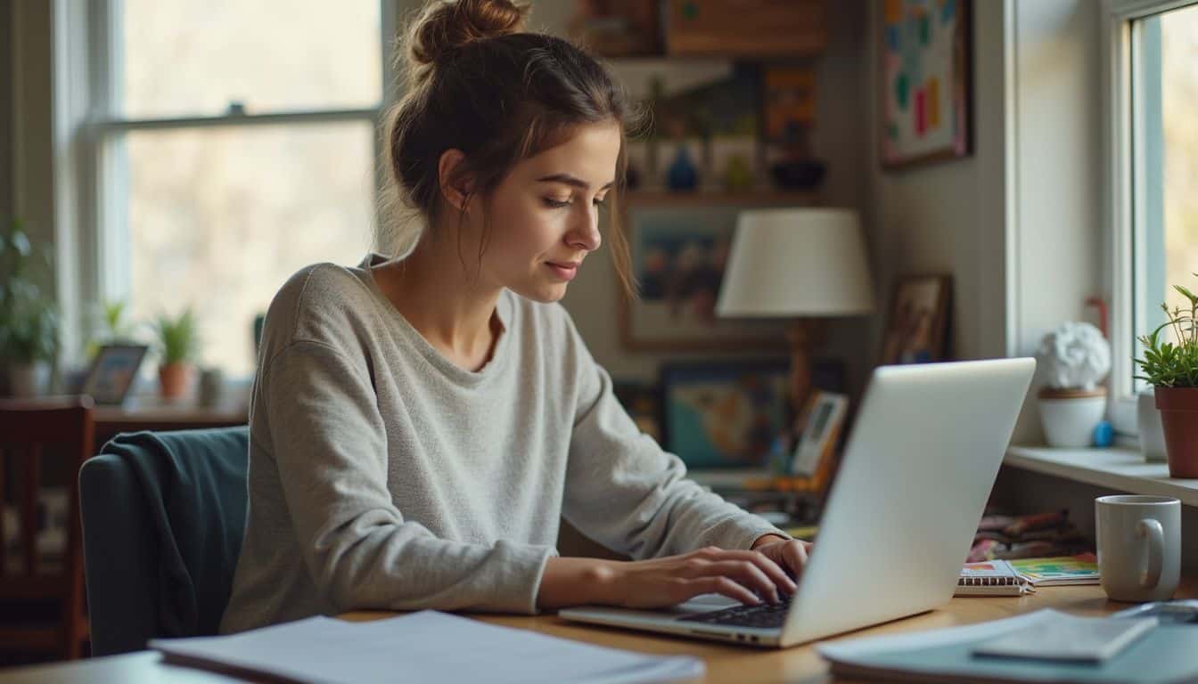Woman editing photos at a home office desk, showing life as a mommy blogger.