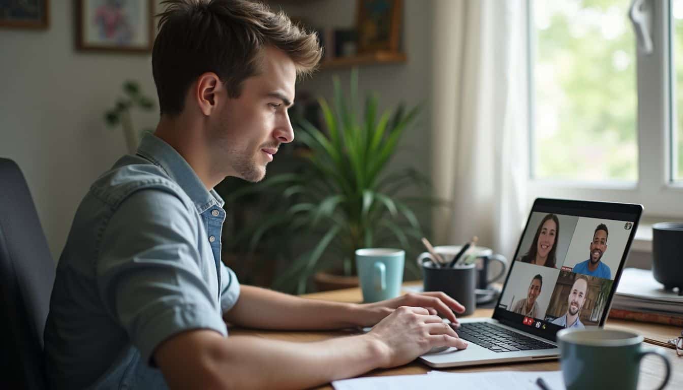 A young man participates in a casual online video call, appearing slightly distracted while typing in the chat. A young man participates in a casual online video call, appearing slightly distracted while typing in the chat.