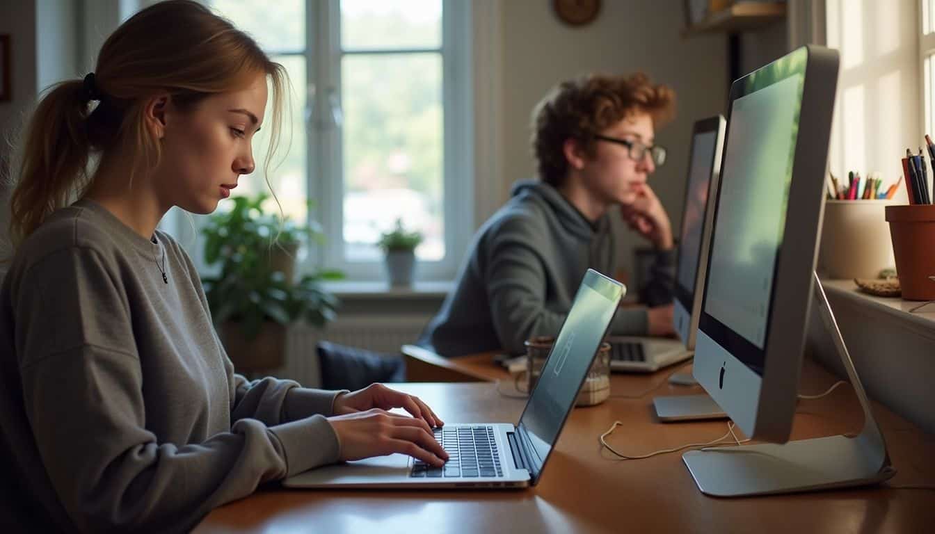 Two college students are focused on their laptops during a casual virtual study session in their cluttered rooms. Two college students are focused on their laptops during a casual virtual study session in their cluttered rooms.