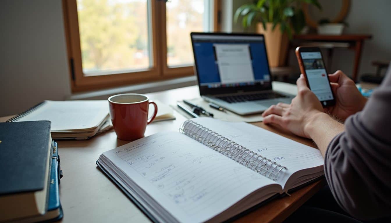 A candid shot of a messy desk with textbooks, a laptop, a planner, and a coffee mug, capturing everyday study life. A candid shot of a messy desk with textbooks, a laptop, a planner, and a coffee mug, capturing everyday study life.