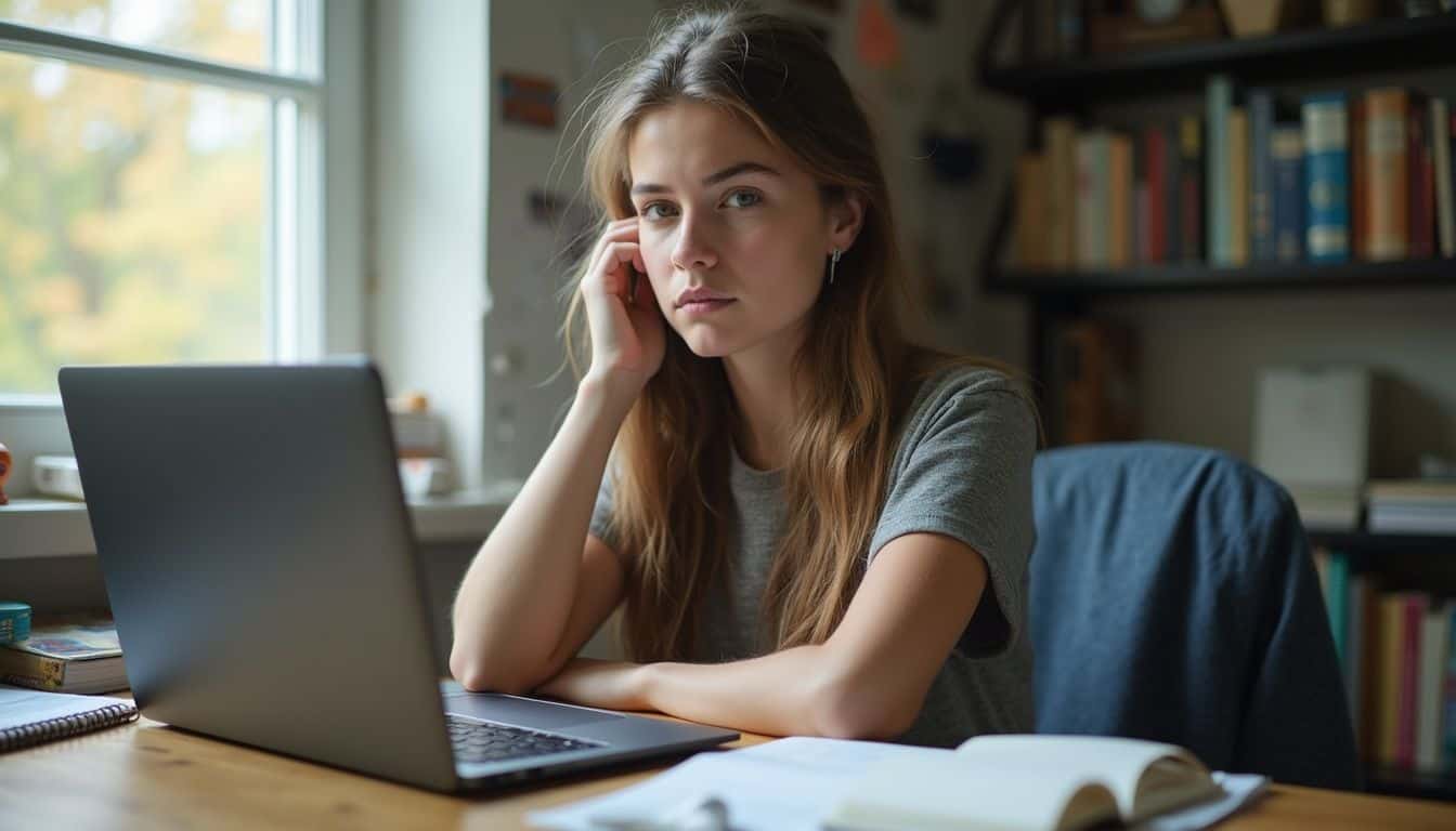 A young woman sits at a cluttered desk, engaged in study with her laptop, books, and earbuds nearby. A young woman sits at a cluttered desk, engaged in study with her laptop, books, and earbuds nearby.