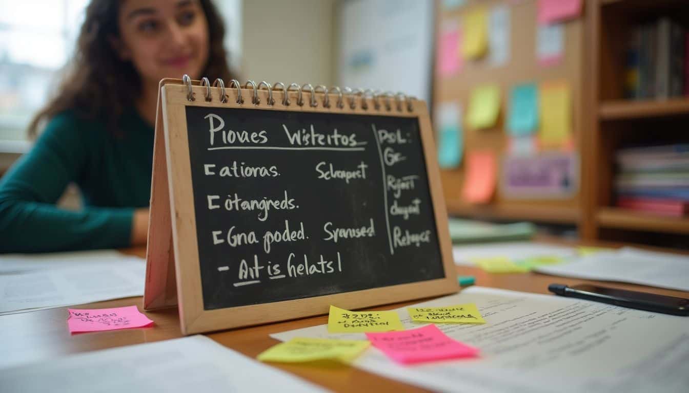 A cozy desk filled with notes and reminders, featuring a relaxed person nearby in a lived-in space. A cozy desk filled with notes and reminders, featuring a relaxed person nearby in a lived-in space.