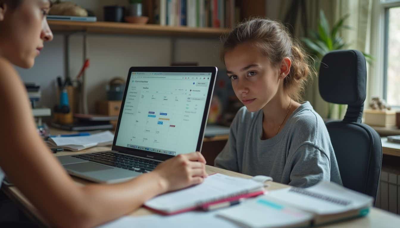 A young person works casually at a cluttered desk with a laptop and open planner, surrounded by everyday items. A young person works casually at a cluttered desk with a laptop and open planner, surrounded by everyday items.