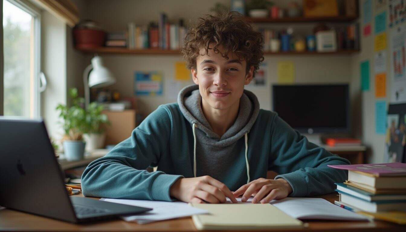 A college student casually types on a laptop amidst a cluttered, lived-in room. A college student casually types on a laptop amidst a cluttered, lived-in room.