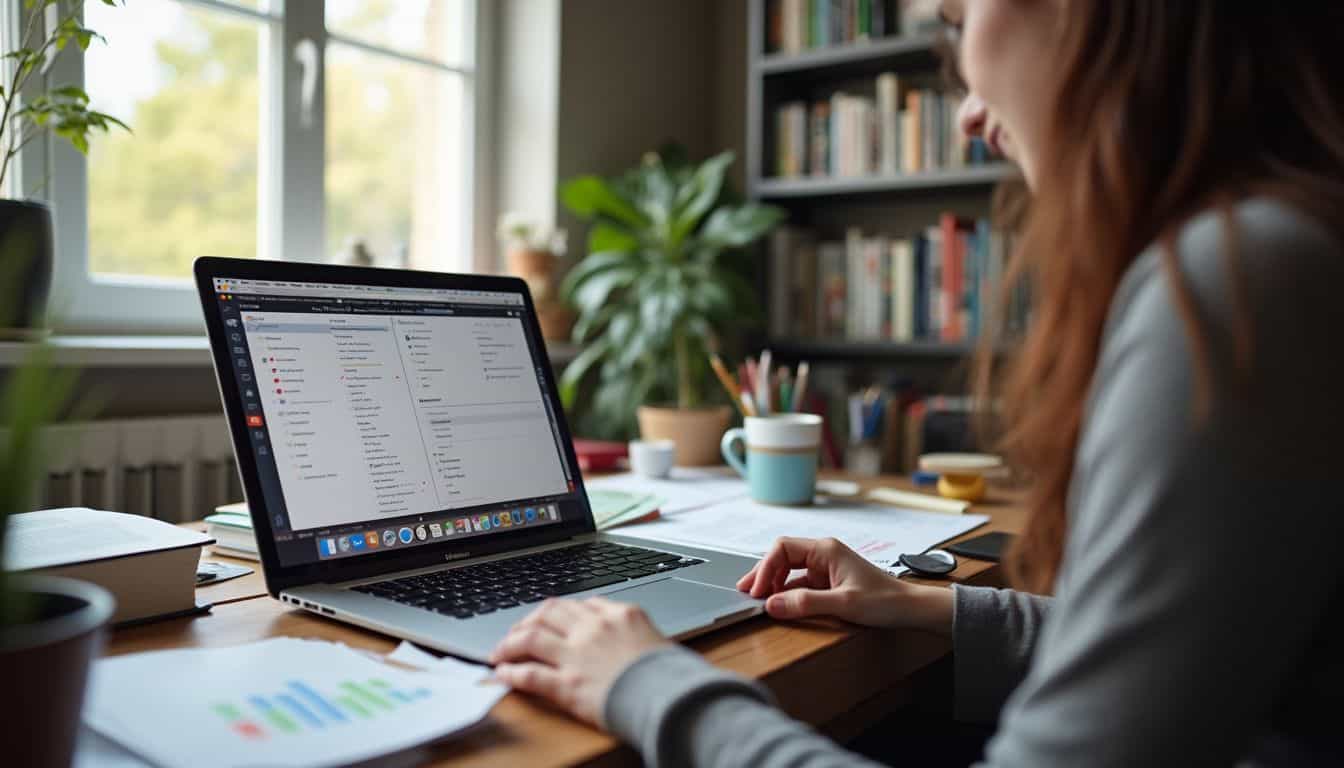 A casual study session at home features a laptop with a virtual group, scattered papers, and a coffee mug. A casual study session at home features a laptop with a virtual group, scattered papers, and a coffee mug.