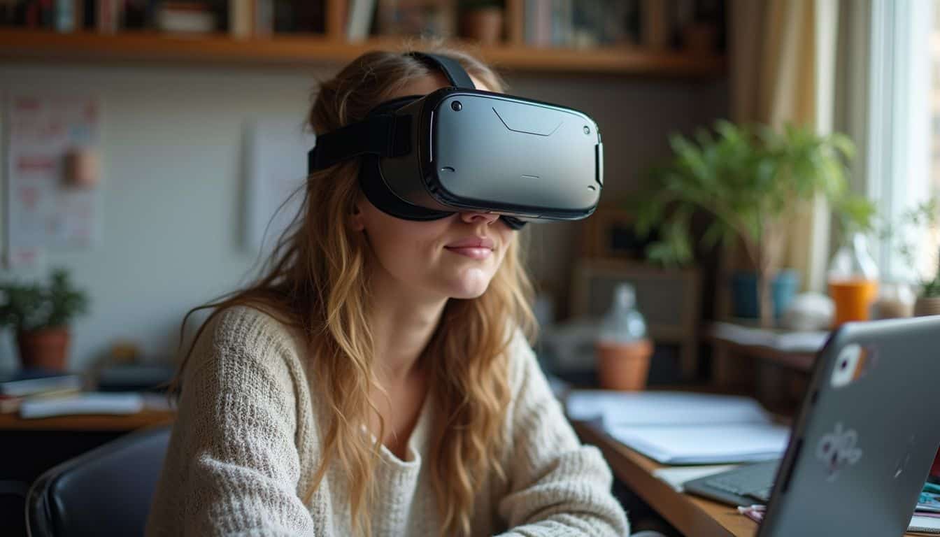 A relaxed woman in her 30s wears a VR headset while participating in an online class amidst a cluttered room. A relaxed woman in her 30s wears a VR headset while participating in an online class amidst a cluttered room.