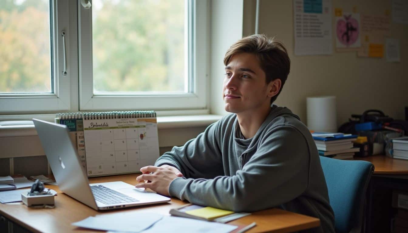 A college student sits at a cluttered desk, surrounded by papers and an open laptop, exuding a relaxed vibe. A college student sits at a cluttered desk, surrounded by papers and an open laptop, exuding a relaxed vibe.