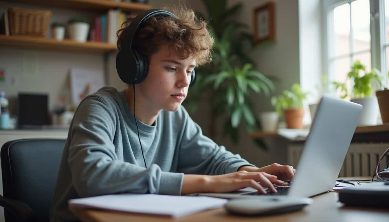 A teenage student studies at a cluttered desk, wearing headphones and using a website blocker on their laptop. A teenage student studies at a cluttered desk, wearing headphones and using a website blocker on their laptop.