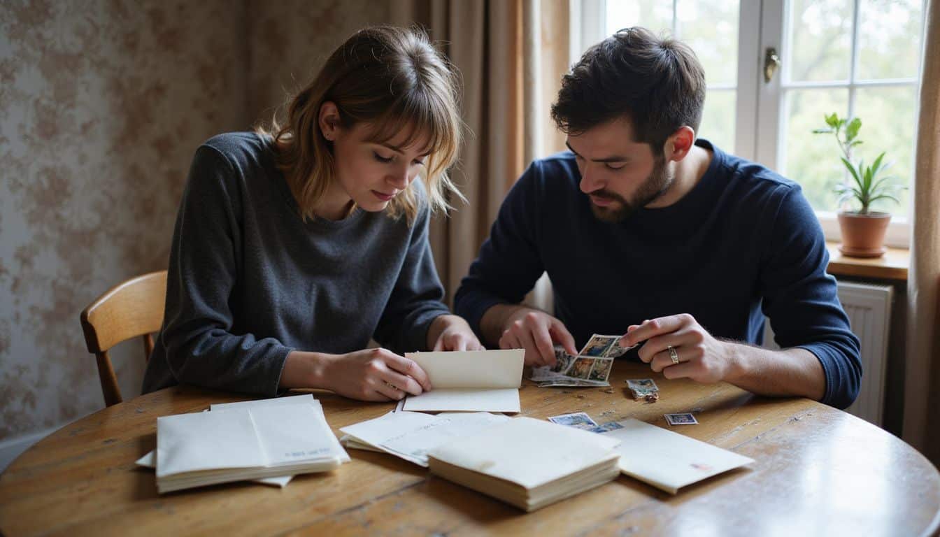 A couple collaborates on wedding invitations at a rustic dining table, surrounded by envelopes and stamps. A couple collaborates on wedding invitations at a rustic dining table, surrounded by envelopes and stamps.