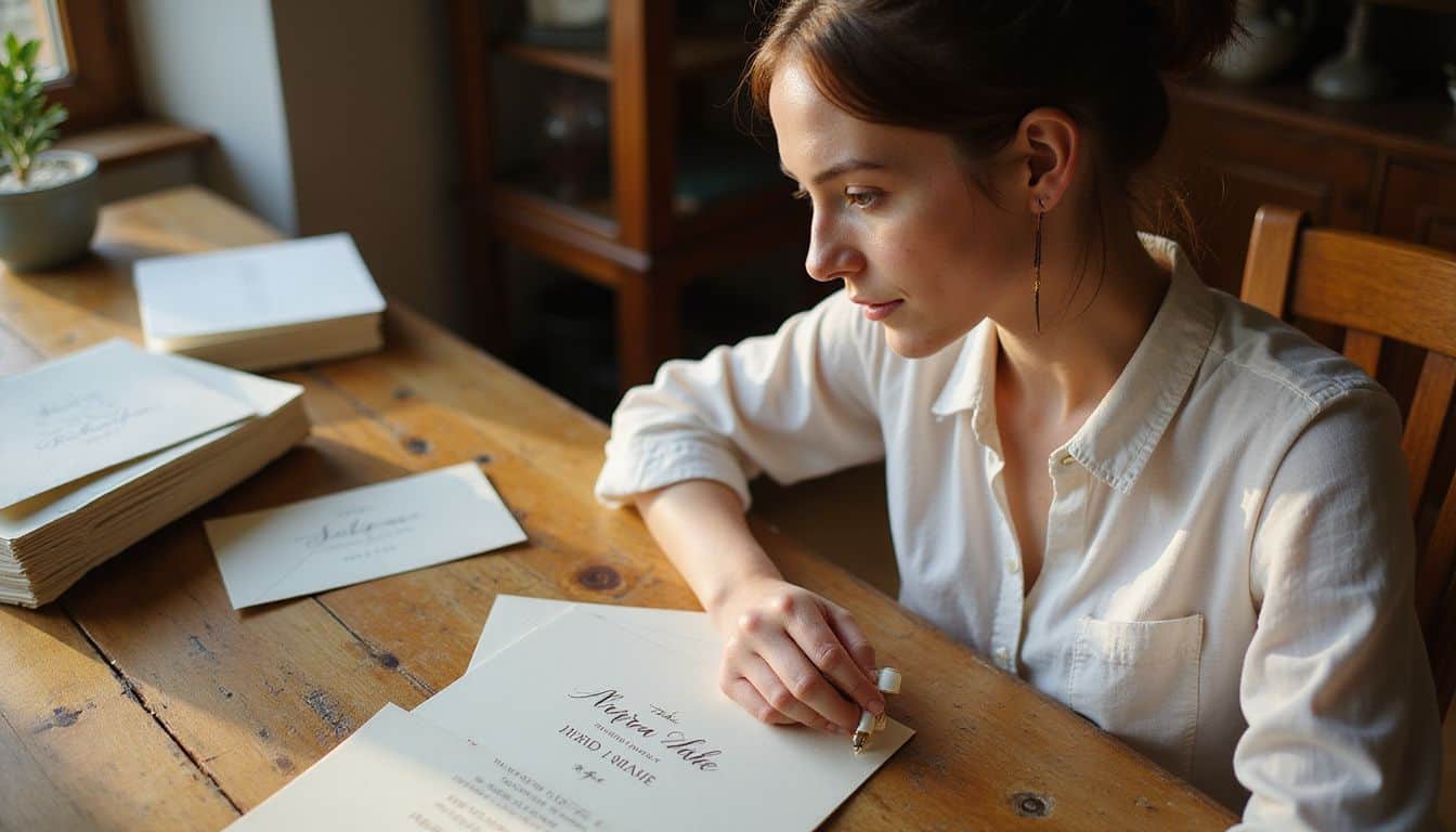 A focused woman writes invitations at an oak desk in a cozy home office adorned with personal touches. A focused woman writes invitations at an oak desk in a cozy home office adorned with personal touches.
