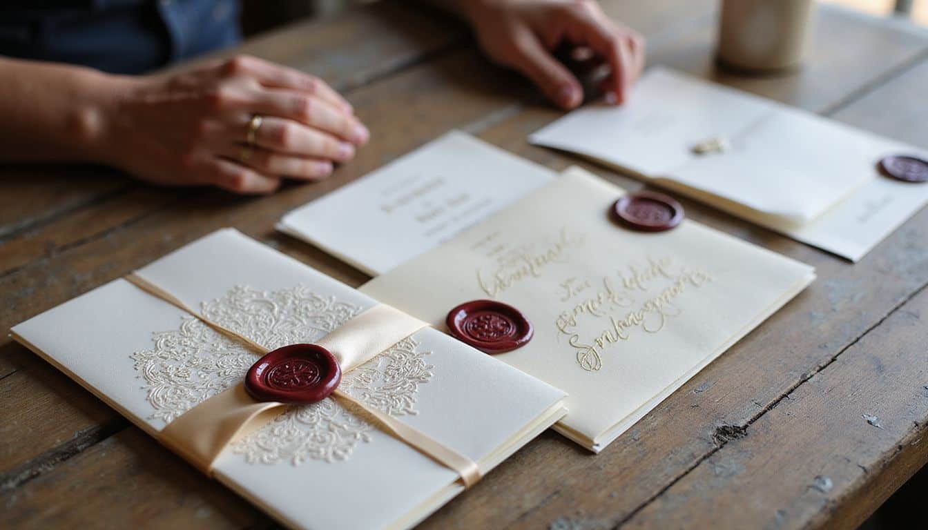 The image features elegantly arranged wedding invitation samples on a rustic wooden table, showcasing diverse styles and textures. The image features elegantly arranged wedding invitation samples on a rustic wooden table, showcasing diverse styles and textures.
