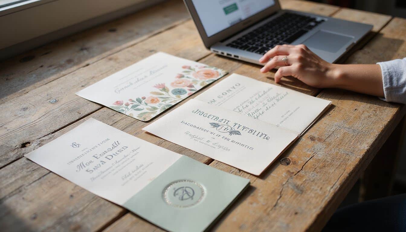 A rustic wooden desk displays elegant wedding invitation mock-ups beside an open laptop showing an invitation tracking dashboard. A rustic wooden desk displays elegant wedding invitation mock-ups beside an open laptop showing an invitation tracking dashboard.