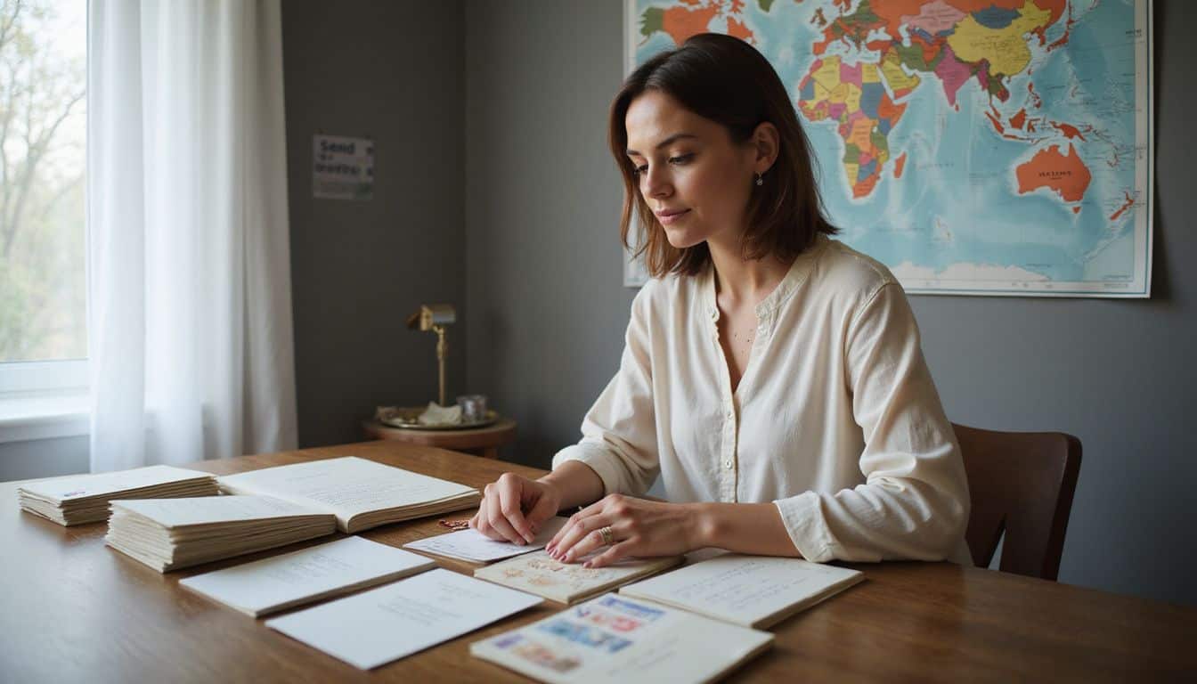 A woman organizes international wedding invitations at her desk, surrounded by stamps and a world map with postal notes. A woman organizes international wedding invitations at her desk, surrounded by stamps and a world map with postal notes.