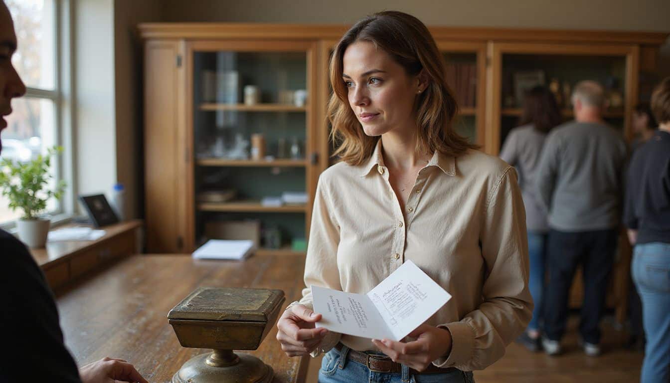 A woman in casual attire waits at a post office counter, holding a wedding invitation set while interacting with the clerk. A woman in casual attire waits at a post office counter, holding a wedding invitation set while interacting with the clerk.