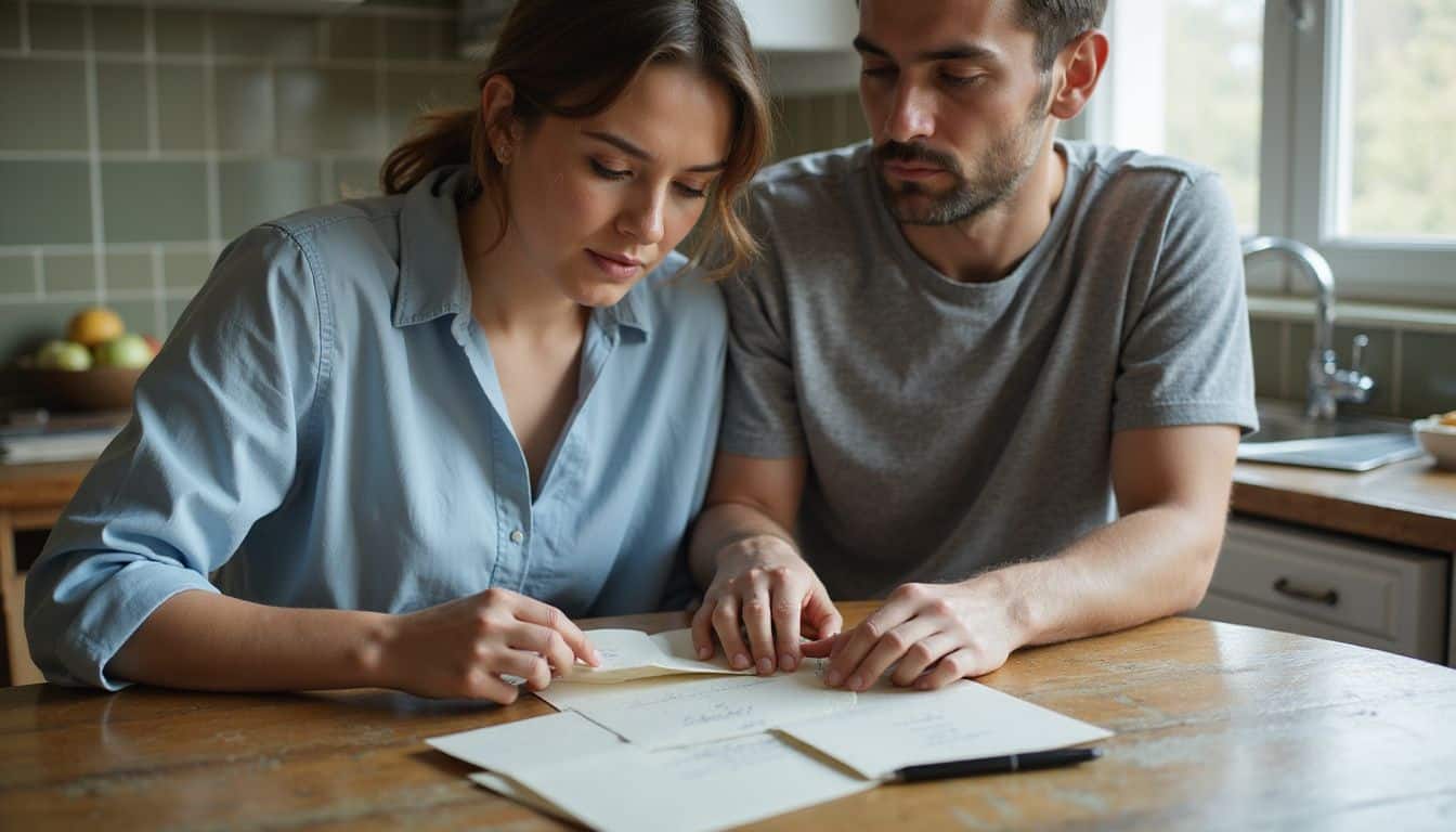 A couple collaborates closely at a kitchen table, organizing wedding invitations with focused expressions and casual attire. A couple collaborates closely at a kitchen table, organizing wedding invitations with focused expressions and casual attire.