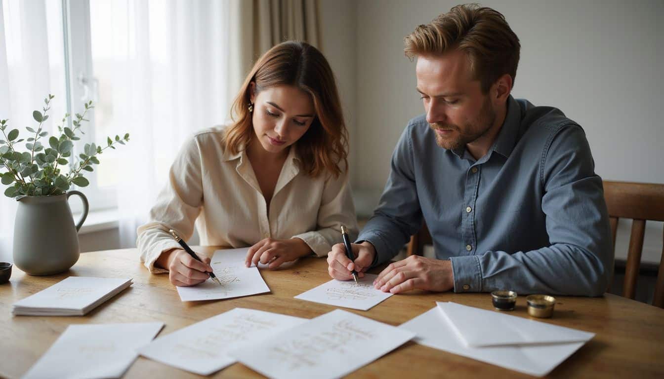 A couple collaborates on elegant wedding invitations at a dining table filled with stationery and calligraphy tools. A couple collaborates on elegant wedding invitations at a dining table filled with stationery and calligraphy tools.