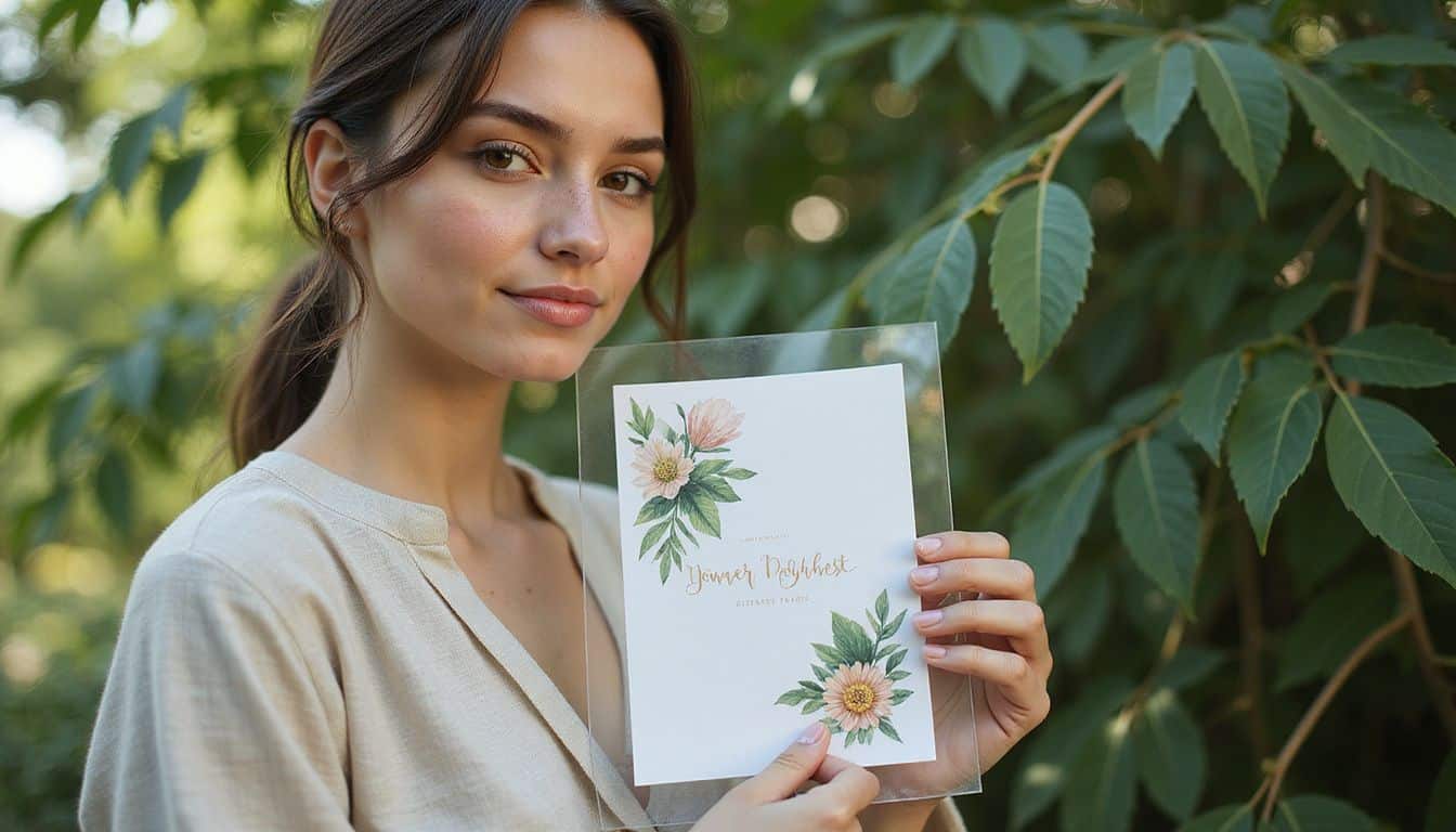 A relaxed young woman holds an eco-friendly wedding invitation adorned with botanical illustrations and modern typography, set against lush greenery. A relaxed young woman holds an eco-friendly wedding invitation adorned with botanical illustrations and modern typography, set against lush greenery.