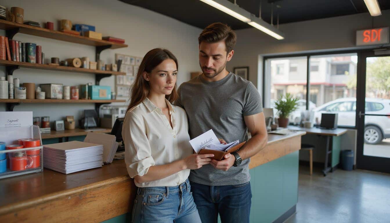 A couple stands at a post office counter, focused on sending their wedding invitations together. A couple stands at a post office counter, focused on sending their wedding invitations together.