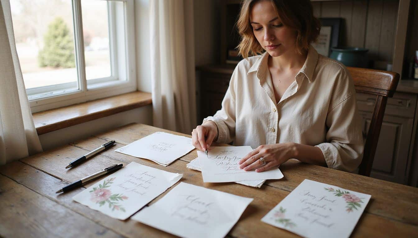 A woman arranges elegant wedding invitations on a rustic table, surrounded by calligraphy pens and floral sketches. A woman arranges elegant wedding invitations on a rustic table, surrounded by calligraphy pens and floral sketches.