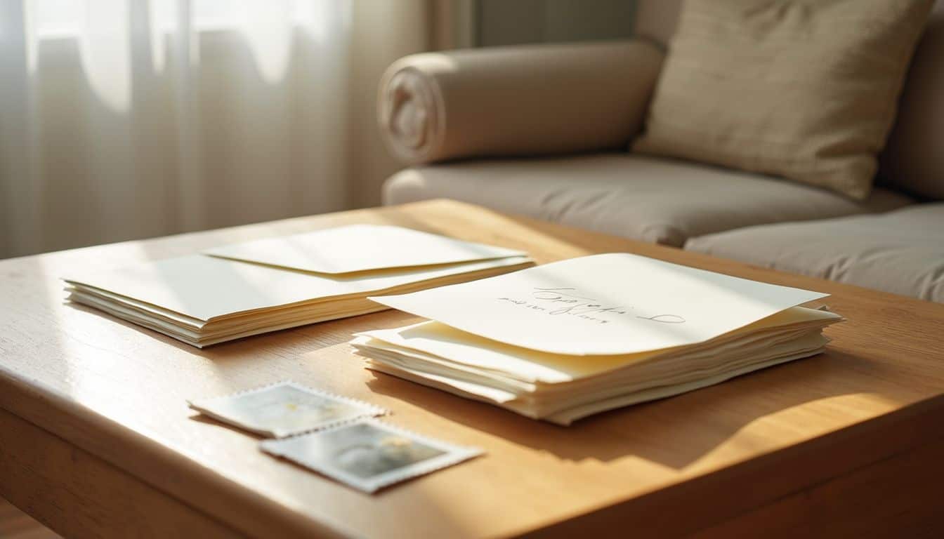 A meticulously arranged oak table displays RSVP envelopes, cards, and stamps, symbolizing the anticipation of organizing wedding invitations. A meticulously arranged oak table displays RSVP envelopes, cards, and stamps, symbolizing the anticipation of organizing wedding invitations.