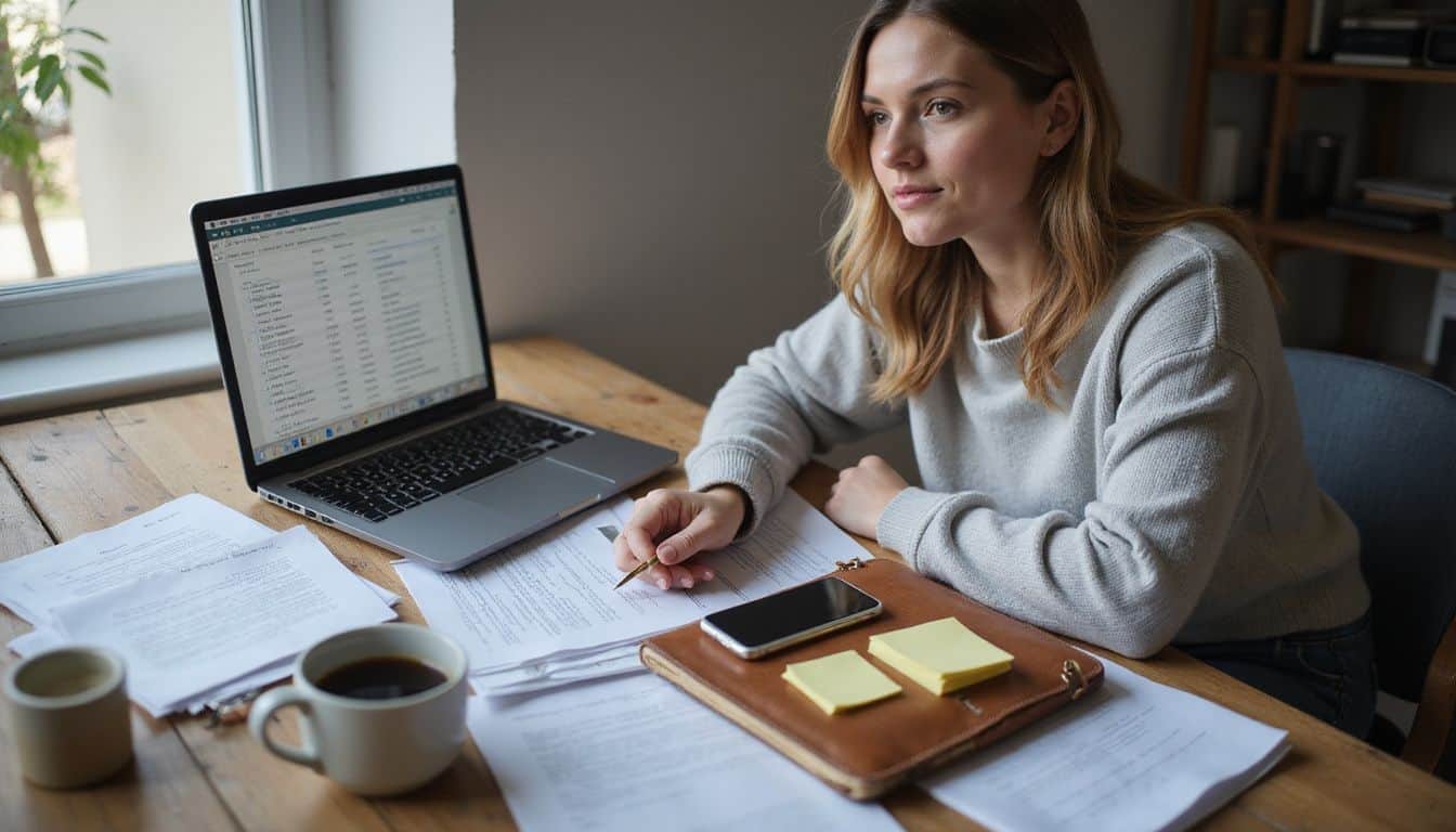 A focused woman works at her cluttered desk, surrounded by a laptop, papers, and a coffee mug. A focused woman works at her cluttered desk, surrounded by a laptop, papers, and a coffee mug.