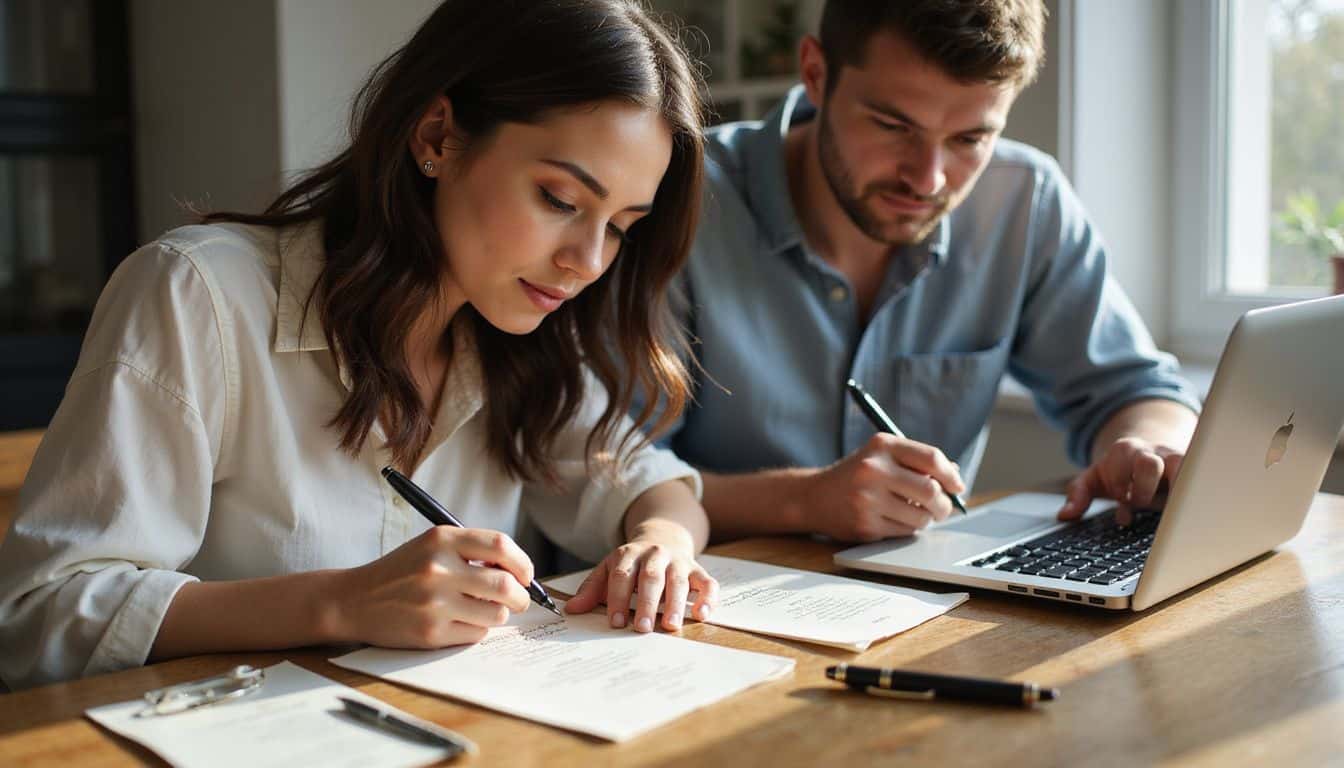 A couple collaborates at a dining table, reviewing wedding invitation samples and working on a wedding website. A couple collaborates at a dining table, reviewing wedding invitation samples and working on a wedding website.
