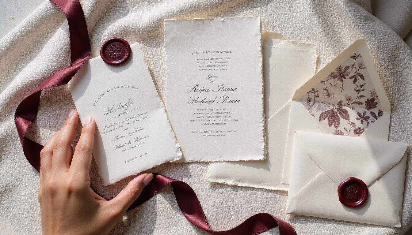 A beautifully arranged wedding invitation suite on textured linen, featuring elegant typography, botanical illustrations, and rich colors. A beautifully arranged wedding invitation suite on textured linen, featuring elegant typography, botanical illustrations, and rich colors.