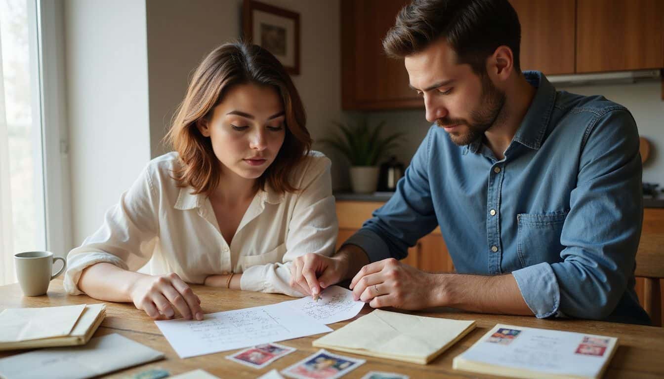 A couple collaborates on wedding invitation preparations at a cozy kitchen table filled with arrangement materials. A couple collaborates on wedding invitation preparations at a cozy kitchen table filled with arrangement materials.