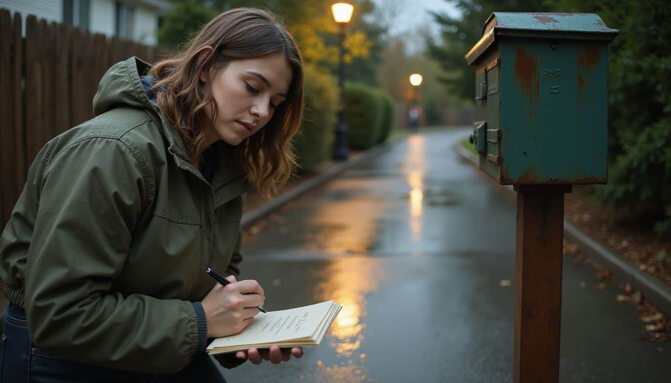 A woman in a waterproof jacket writes her return address on wedding invitations beside a rain-soaked mailbox. A woman in a waterproof jacket writes her return address on wedding invitations beside a rain-soaked mailbox.