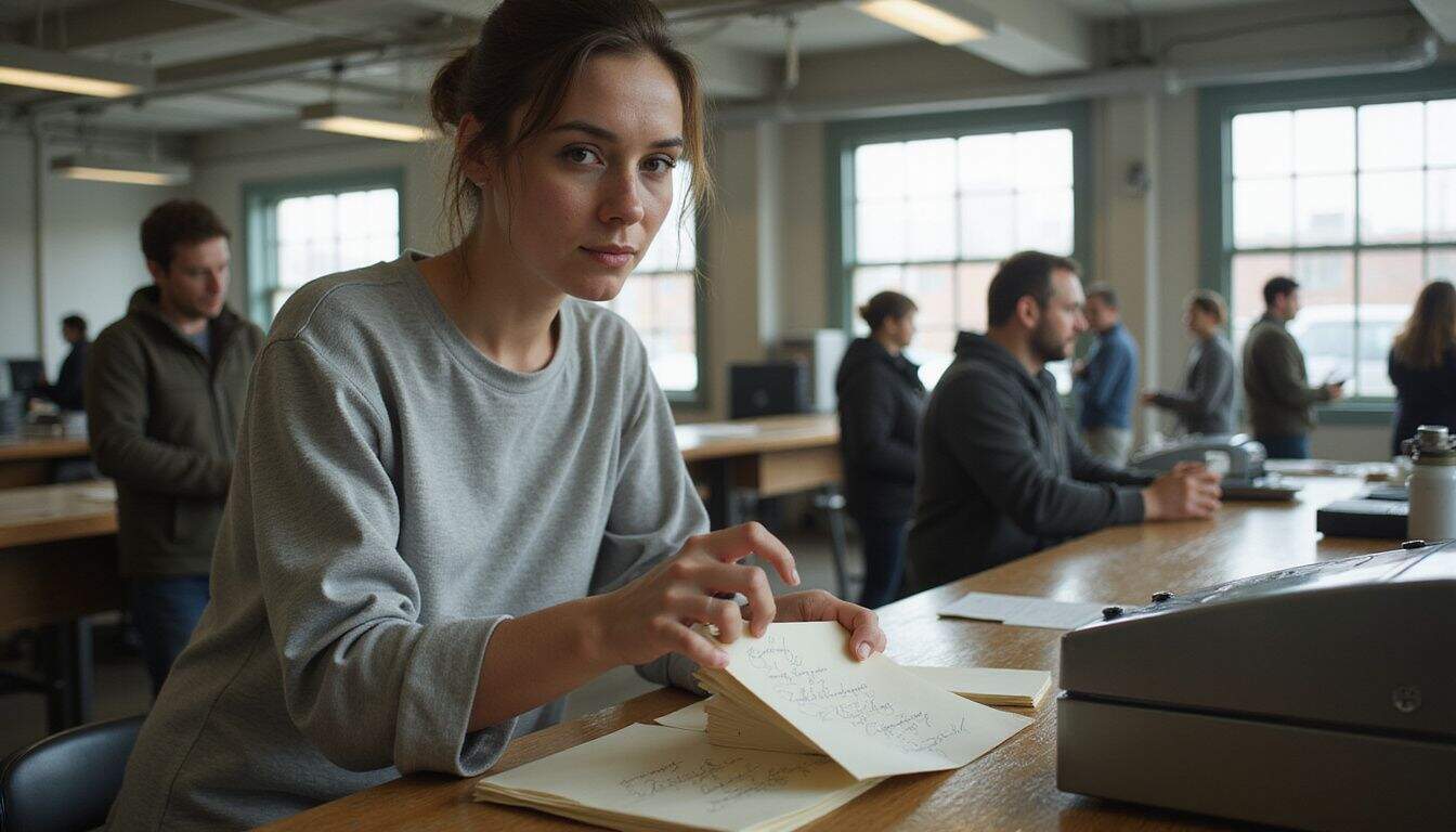 A woman concentrates while sliding wedding invitations into a hand-canceling machine at a busy post office counter. A woman concentrates while sliding wedding invitations into a hand-canceling machine at a busy post office counter.