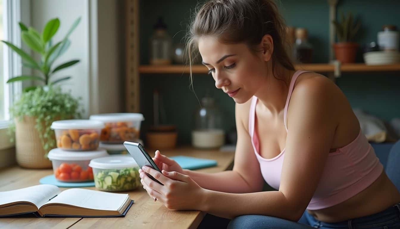 Woman exercising at home while checking a planner, journal, and meal prep.