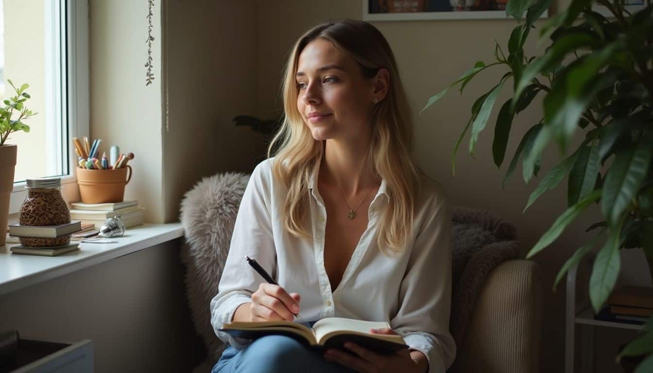 Woman writing in a journal, defining what she can and cannot control. Woman writing in a journal, defining what she can and cannot control.