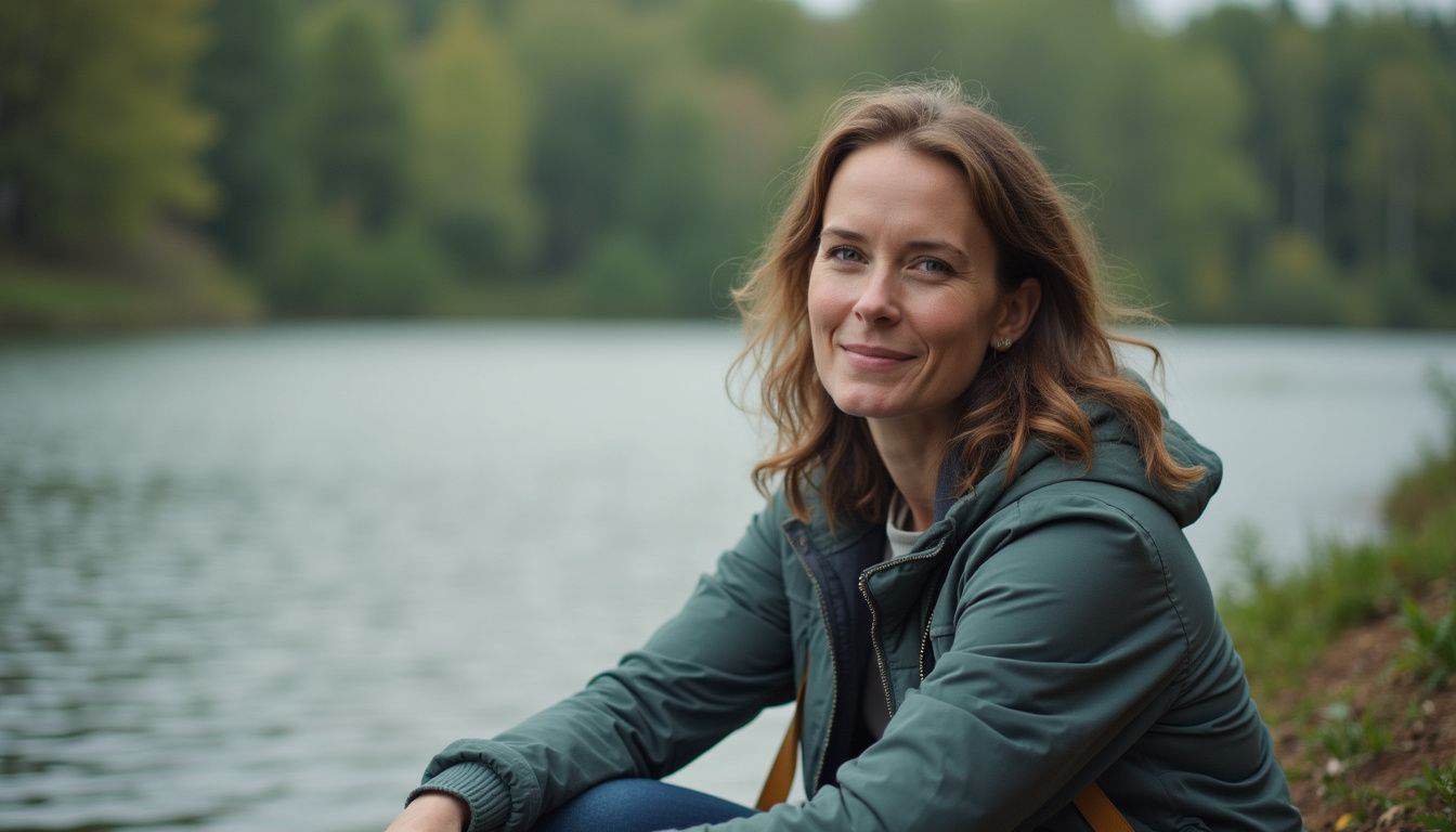 Woman by a lake practicing calm breathing and mindful reflection. Woman by a lake practicing calm breathing and mindful reflection.