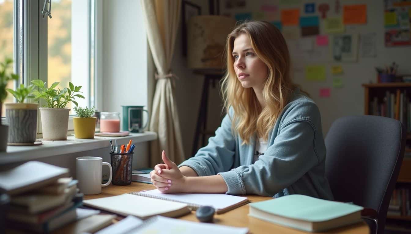 Woman reflecting at a desk with journals while mapping her future vision. Woman reflecting at a desk with journals while mapping her future vision.