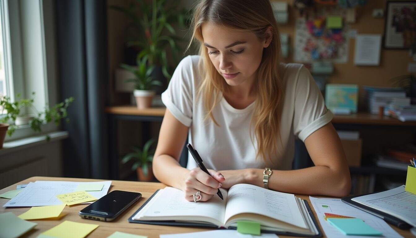 Focused woman planning her day with a notebook and planner pages. Focused woman planning her day with a notebook and planner pages.