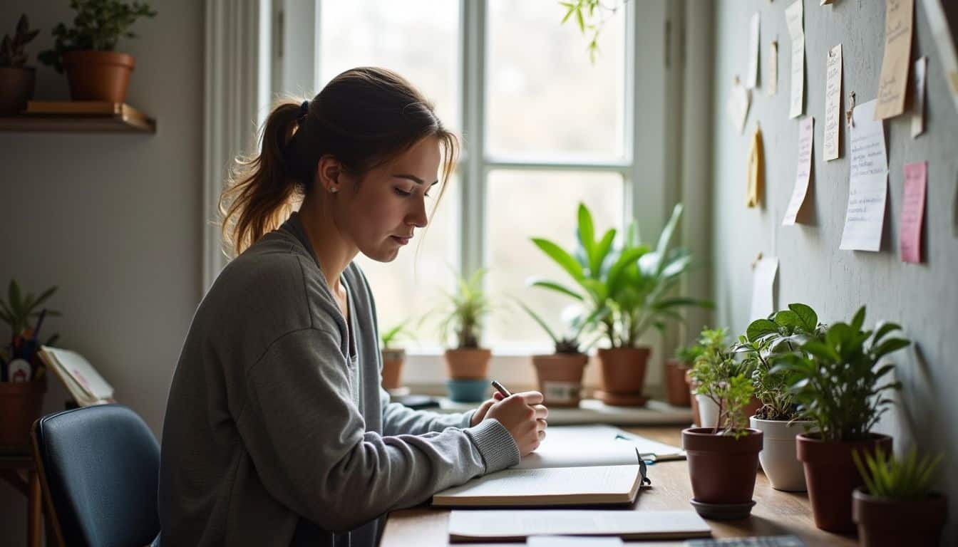 Woman journaling at a busy desk to clarify goals and feelings. Woman journaling at a busy desk to clarify goals and feelings.