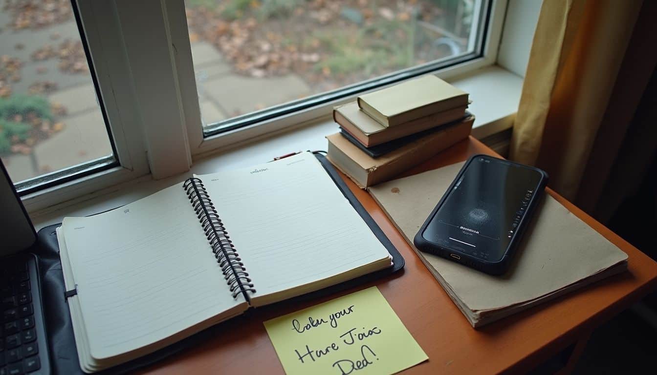 Cozy desk with planner, phone, and garden view for a calm planning session. Cozy desk with planner, phone, and garden view for a calm planning session.