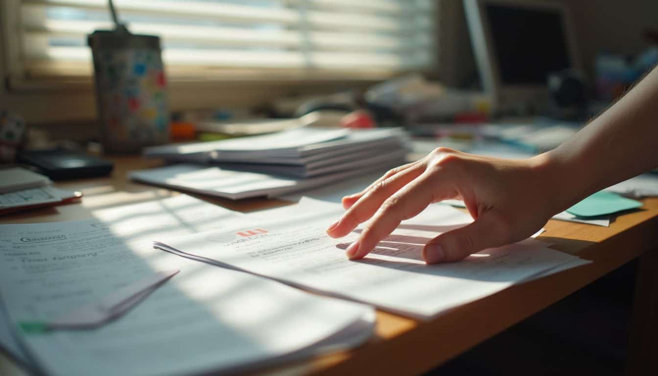 Messy desk with papers and a relaxed hand ready to reset the day. Messy desk with papers and a relaxed hand ready to reset the day.