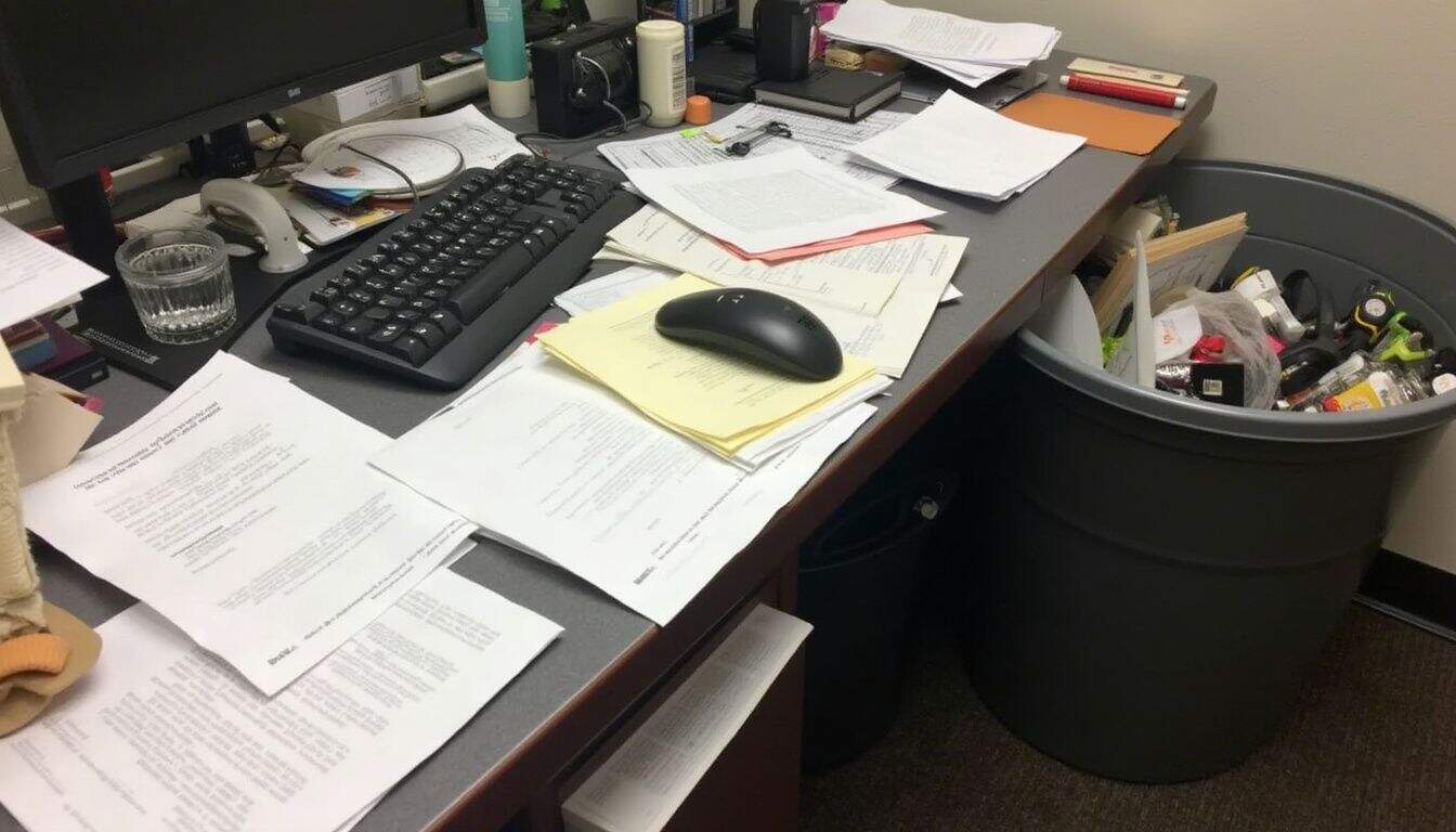 Chaotic desk with papers and supplies showing an overwhelmed workday. Chaotic desk with papers and supplies showing an overwhelmed workday.