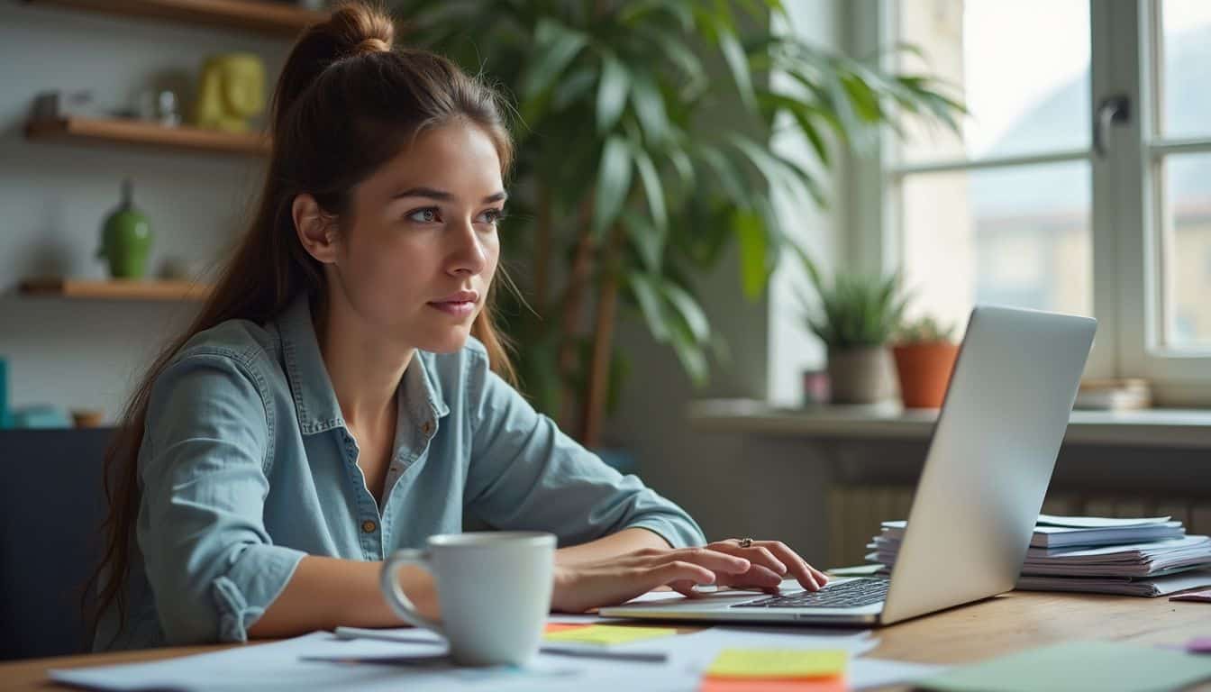 Focused woman at laptop using reminders to set and track clear goals. Focused woman at laptop using reminders to set and track clear goals.
