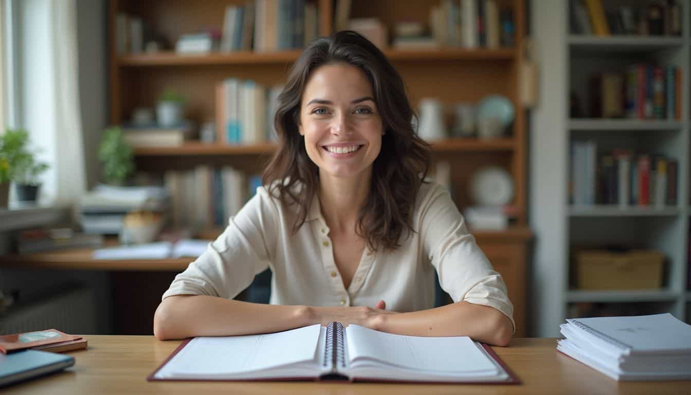 Smiling woman at a home desk feeling organized and in control. Smiling woman at a home desk feeling organized and in control.