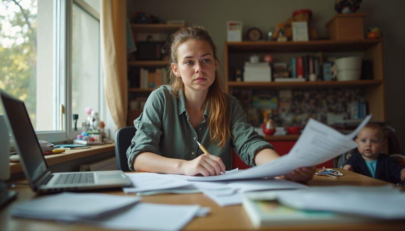 Tired woman at a busy desk facing everyday stress and long task lists. Tired woman at a busy desk facing everyday stress and long task lists.