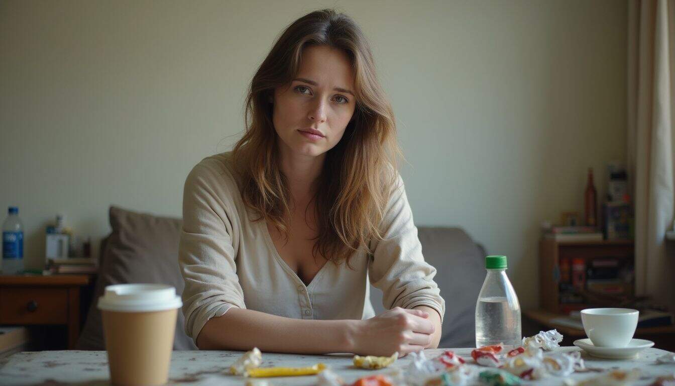 Woman alone in a cluttered room with too much caffeine and little rest. Woman alone in a cluttered room with too much caffeine and little rest.