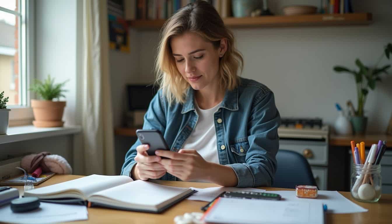 Woman at a desk using phone and paper tools to plan her week. Woman at a desk using phone and paper tools to plan her week.