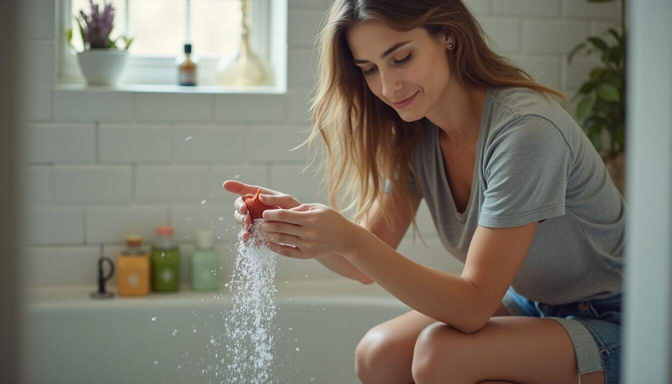 Woman placing a hair catcher over a shower drain.