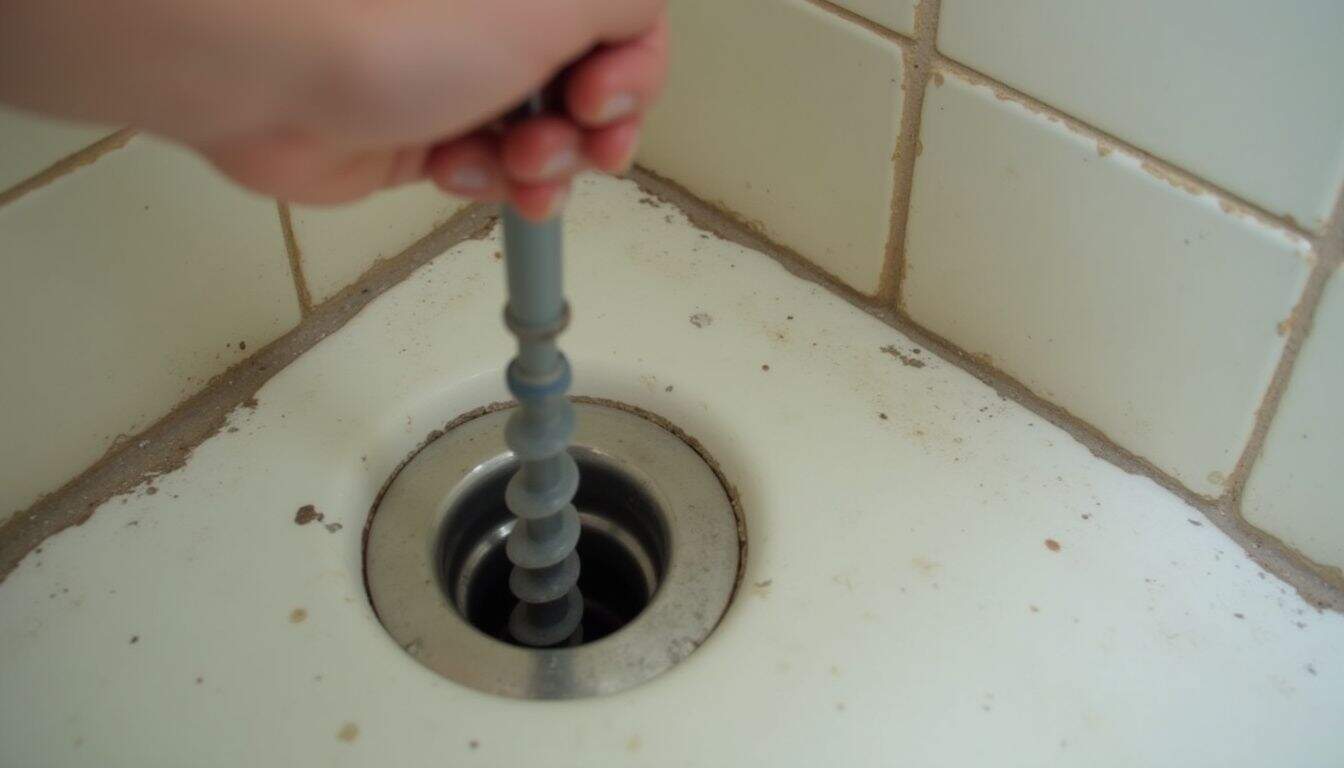 Person guiding a hand auger into a shower drain and rotating the handle.