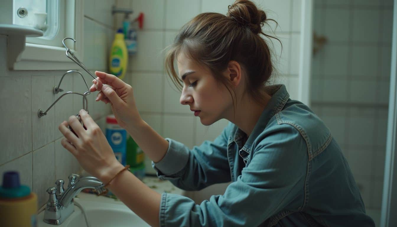 Woman lifting a shower drain cover and pulling hair with a bent hanger.